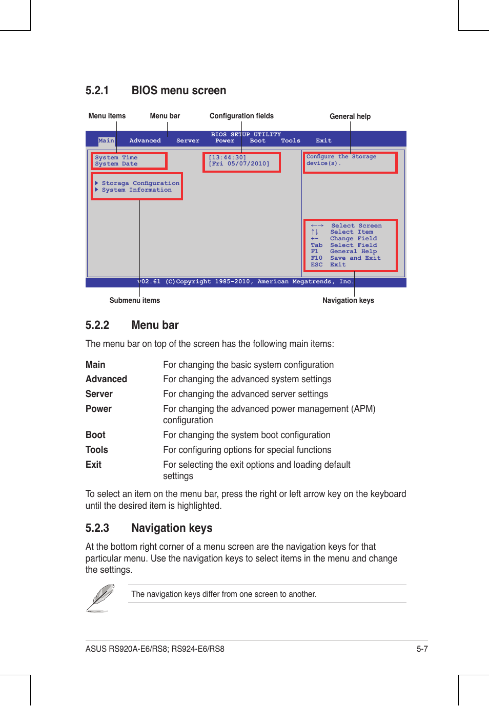2 menu bar, 3 navigation keys, 1 bios menu screen | Asus RS924A-E6/RS8 User Manual | Page 75 / 162