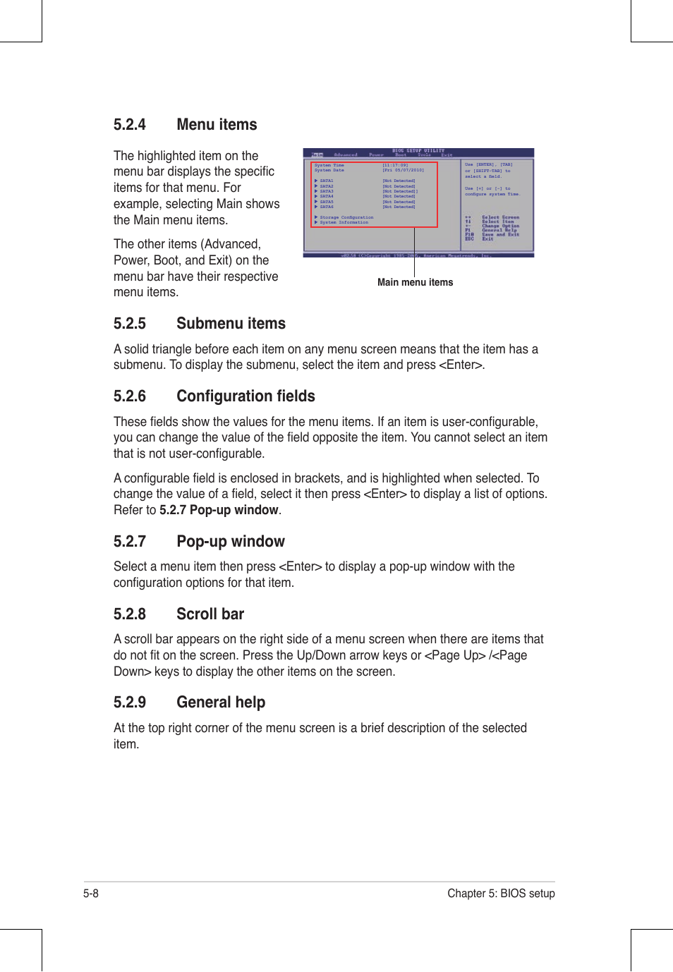 4 menu items, 5 submenu items, 6 configuration fields | 7 pop-up window, 8 scroll bar, 9 general help | Asus RS924A-E6/RS8 User Manual | Page 76 / 162