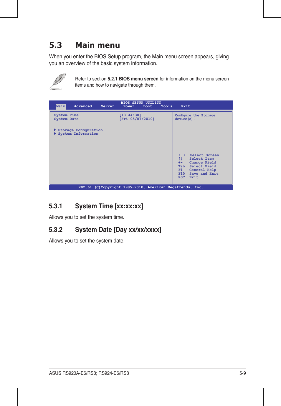 3 main menu, 1 system time [xx:xx:xx | Asus RS924A-E6/RS8 User Manual | Page 77 / 162