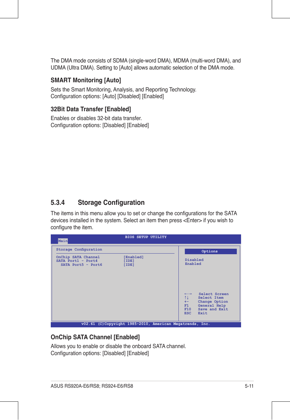 4 storage configuration, Smart monitoring [auto, 32bit data transfer [enabled | Onchip sata channel [enabled | Asus RS924A-E6/RS8 User Manual | Page 79 / 162