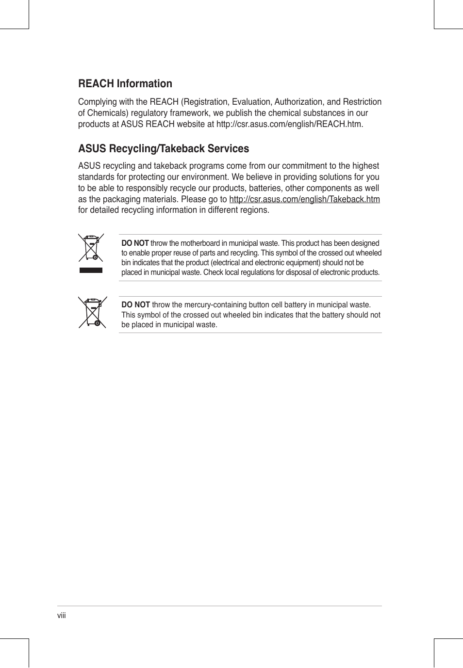 Reach information, Asus recycling/takeback services | Asus RS924A-E6/RS8 User Manual | Page 8 / 162