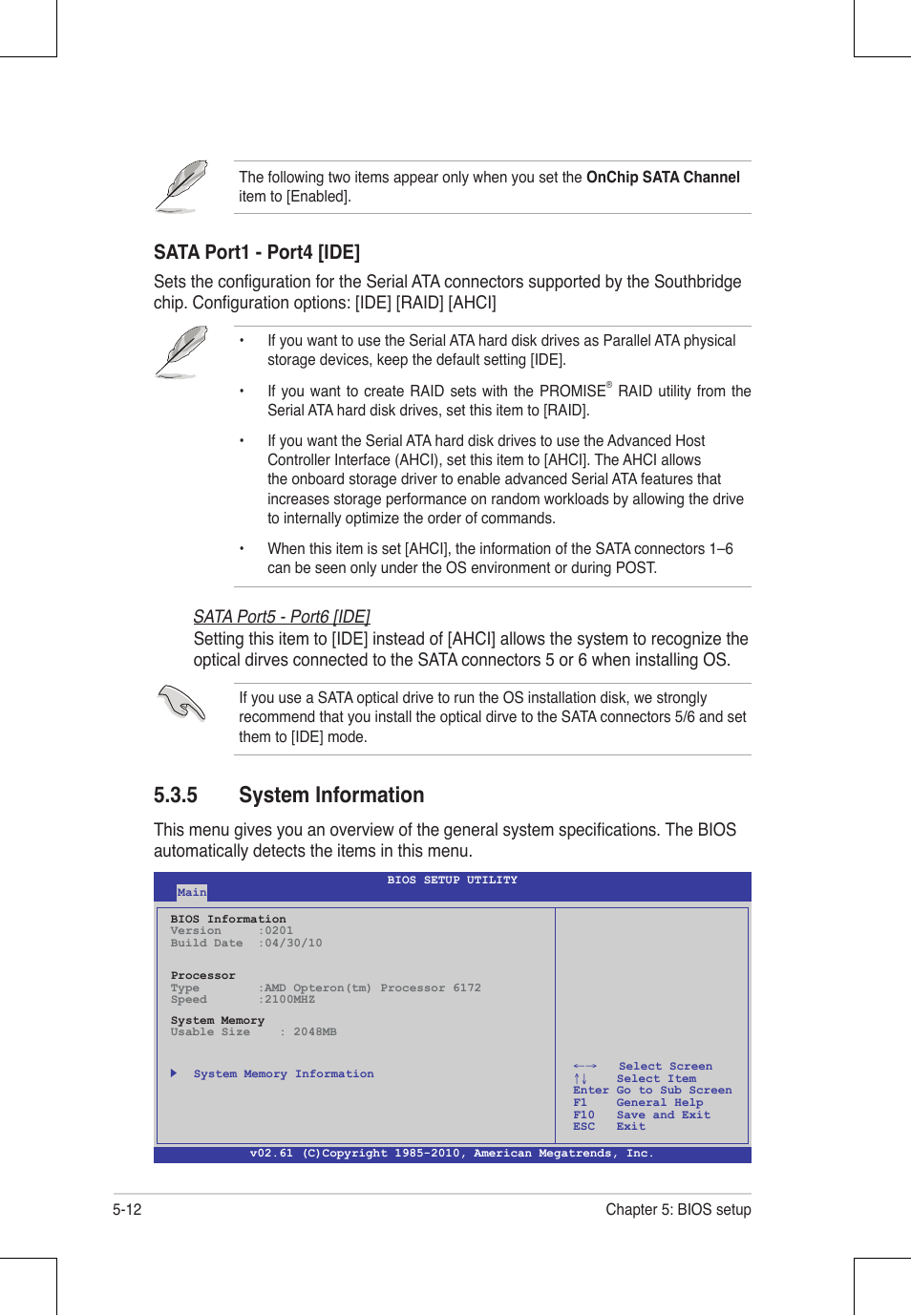 5 system information, Sata port1 - port4 [ide, Sata port5 - port6 [ide | Asus RS924A-E6/RS8 User Manual | Page 80 / 162