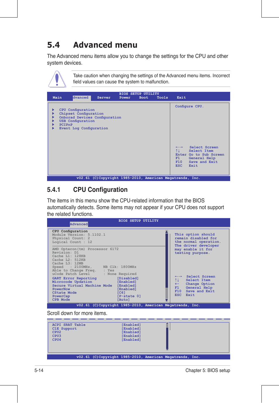 4 advanced menu, 1 cpu configuration, Scroll down for more items | Asus RS924A-E6/RS8 User Manual | Page 82 / 162