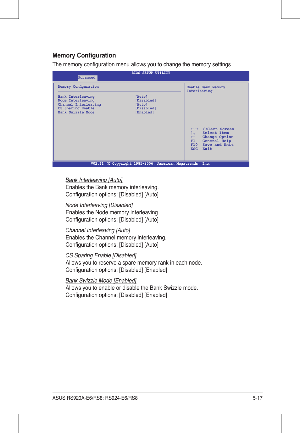 Bank interleaving [auto, Node interleaving [disabled, Channel interleaving [auto | Cs sparing enable [disabled, Bank swizzle mode [enabled | Asus RS924A-E6/RS8 User Manual | Page 85 / 162