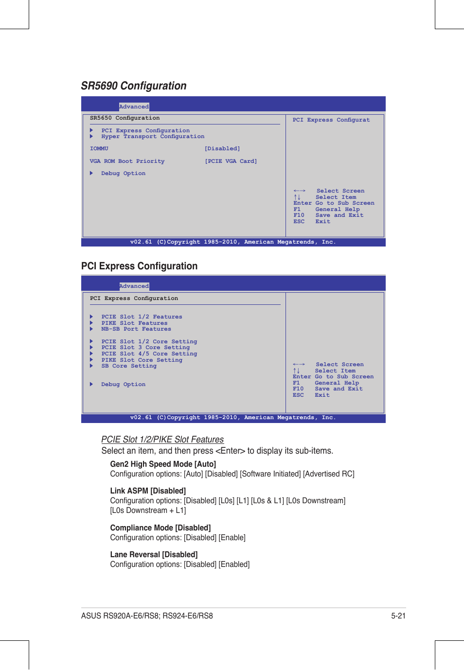 Sr5690 configuration, Pci express configuration, Pcie slot 1/2/pike slot features | Asus RS924A-E6/RS8 User Manual | Page 89 / 162