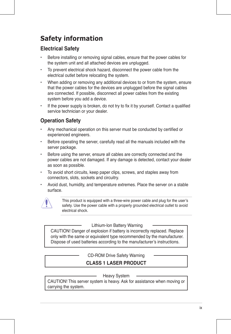 Safety information, Electrical safety, Operation safety | Asus RS924A-E6/RS8 User Manual | Page 9 / 162