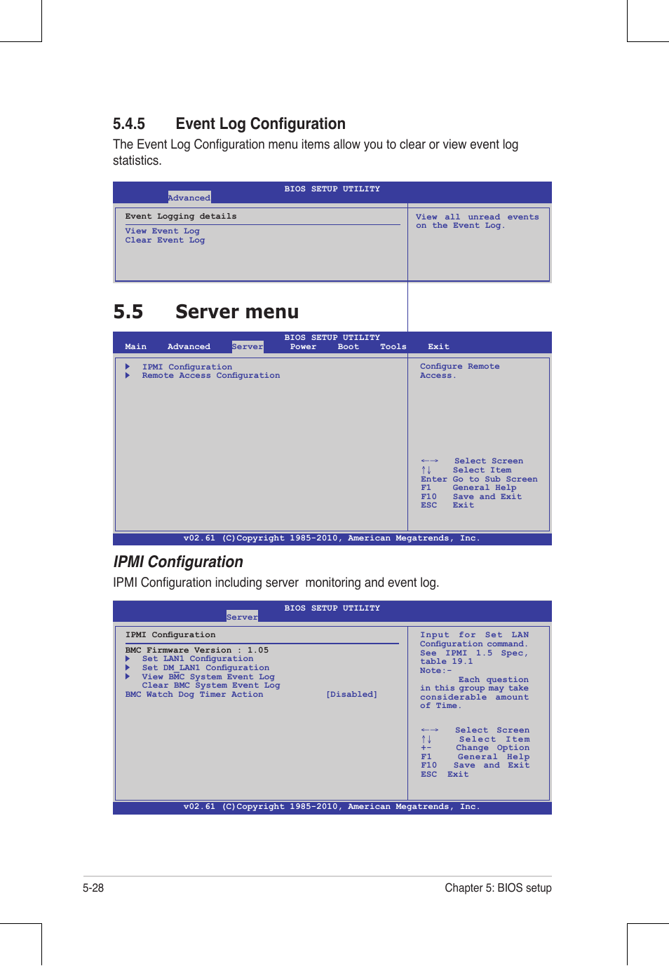 5 server menu, 5 event log configuration, Ipmi configuration | Asus RS924A-E6/RS8 User Manual | Page 96 / 162