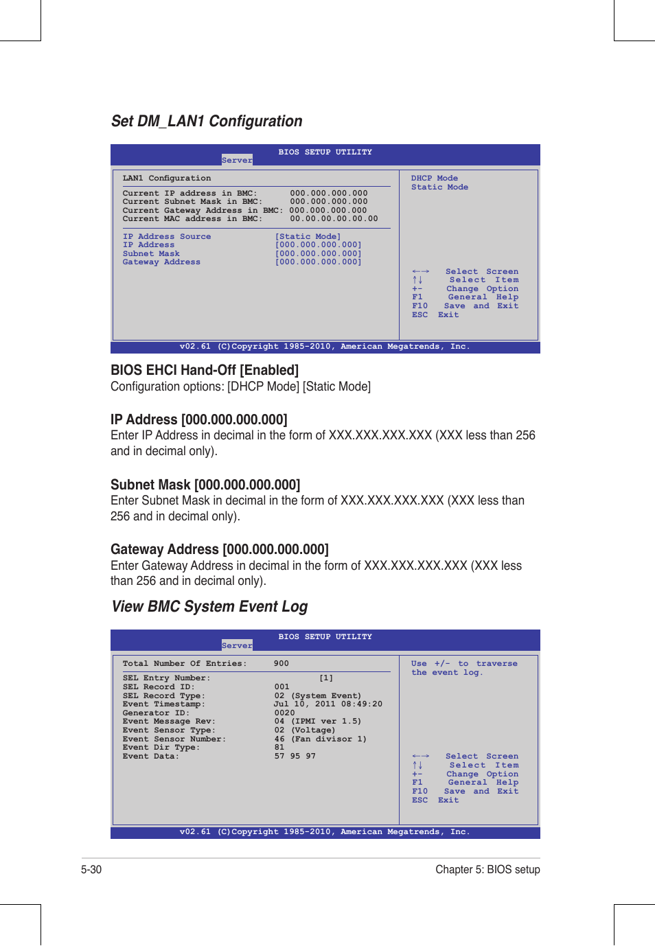 Set dm_lan1 configuration, View bmc system event log, Bios ehci hand-off [enabled | Configuration options: [dhcp mode] [static mode | Asus RS924A-E6/RS8 User Manual | Page 98 / 162