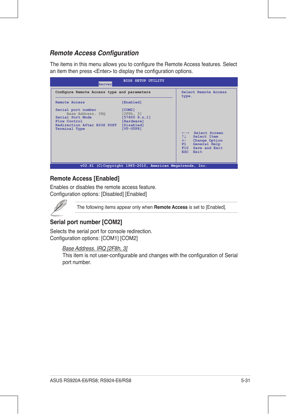 Remote access configuration, Remote access [enabled, Serial port number [com2 | Base address. irq [2f8h, 3 | Asus RS924A-E6/RS8 User Manual | Page 99 / 162