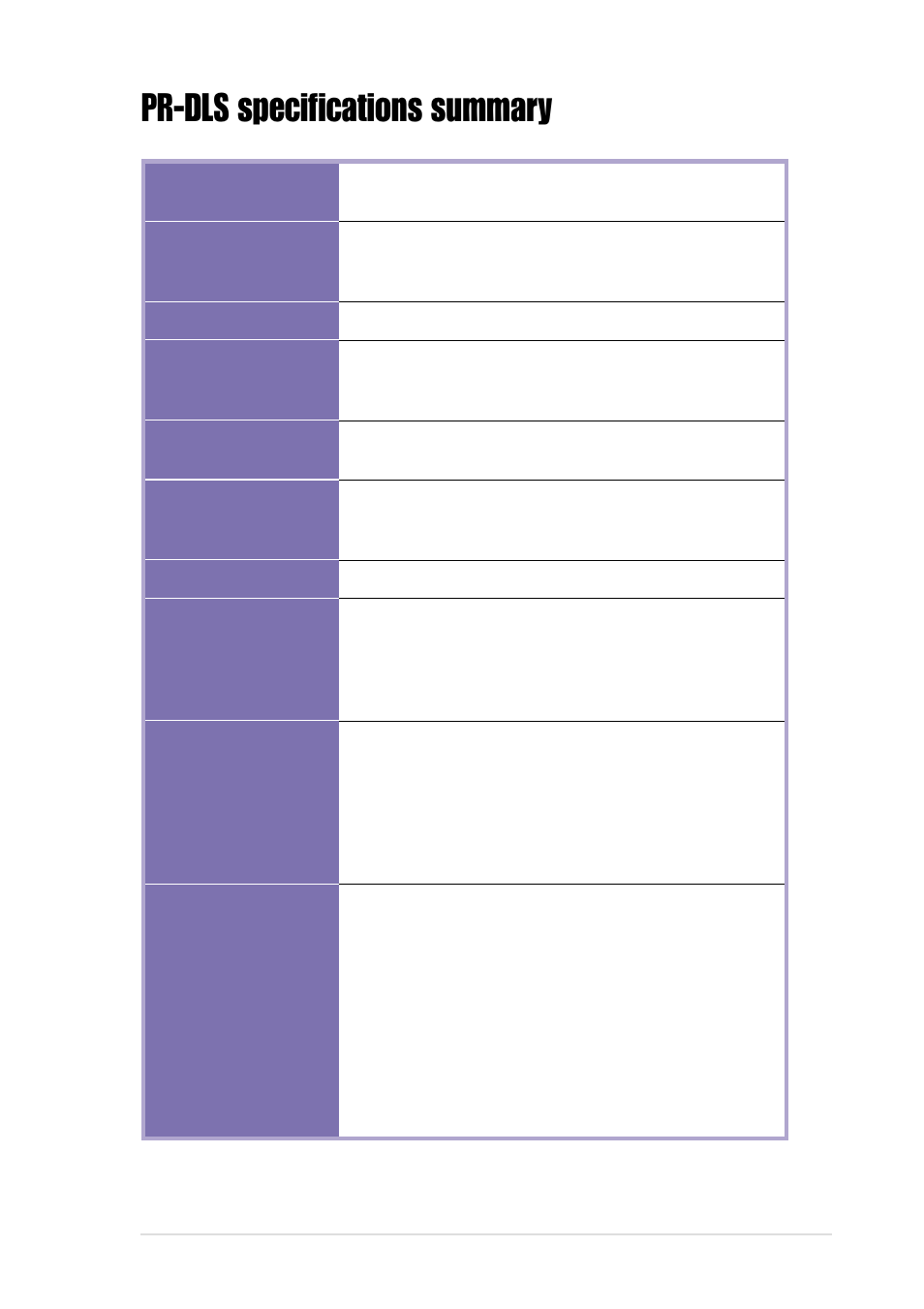 Pr-dls specifications summary | Asus PR-DLS User Manual | Page 11 / 128