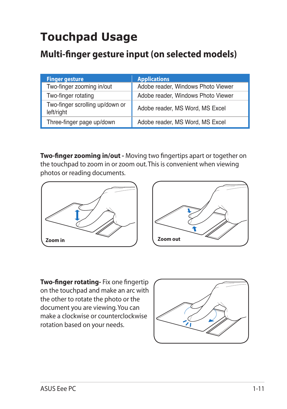 Touchpad usage, Multi-finger gesture input (on selected models), Touchpad usage -11 | Asus Eee PC 1101HA User Manual | Page 19 / 52