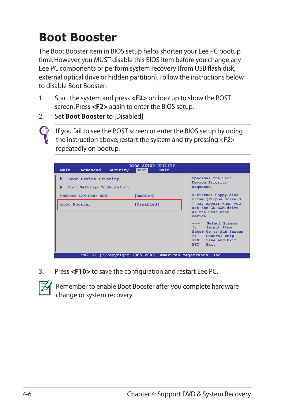 Boot booster, Boot booster -6, Chapter 4: support dvd & system recovery 4-6 | Asus Eee PC 1101HA User Manual | Page 38 / 52