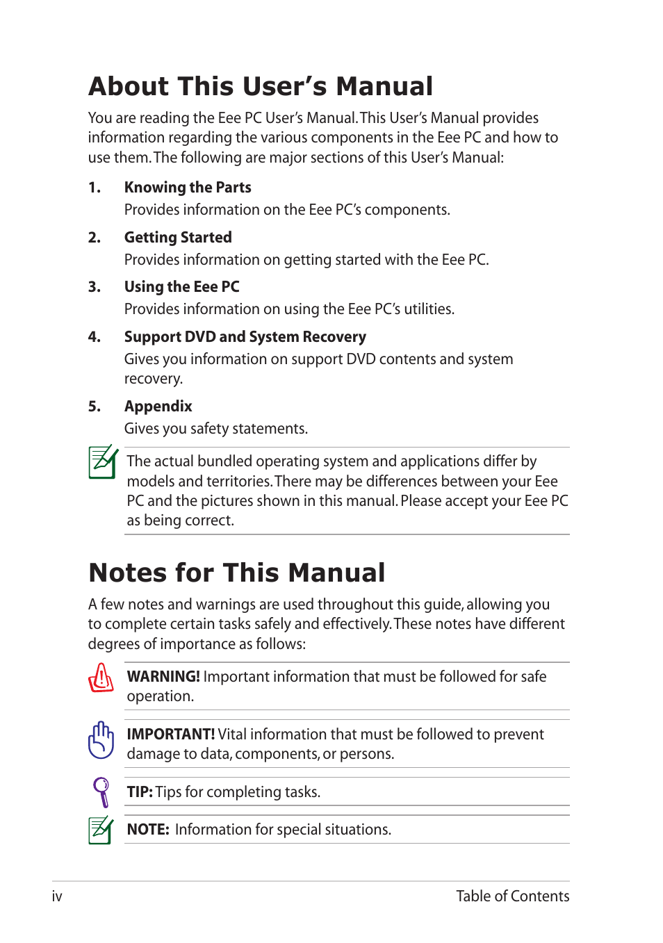 About this user’s manual, Notes for this manual | Asus Eee PC 1101HA User Manual | Page 4 / 52