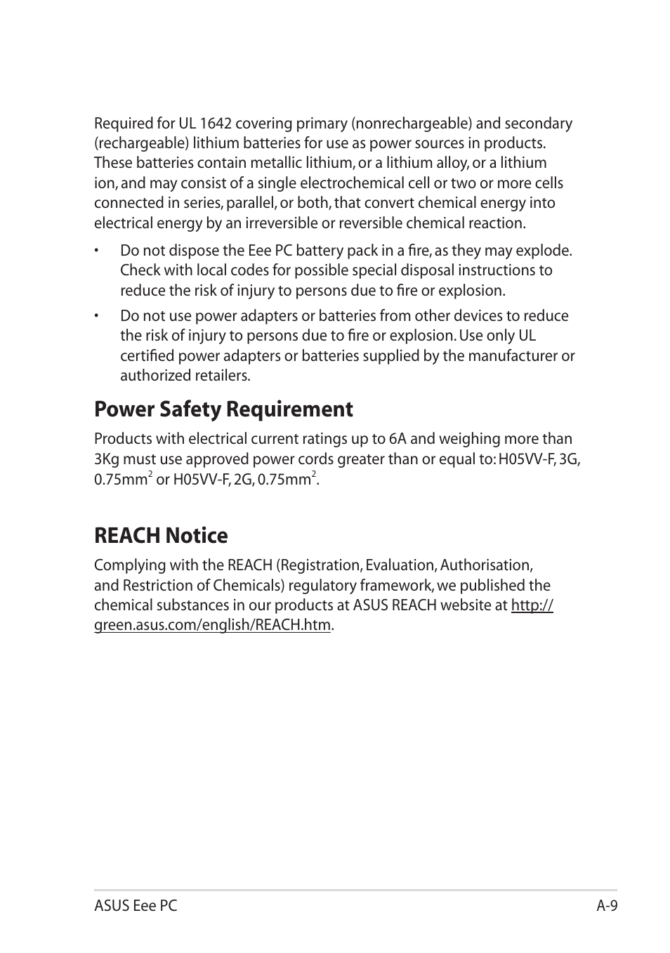 Power safety requirement, Reach notice | Asus Eee PC 1101HA User Manual | Page 47 / 52