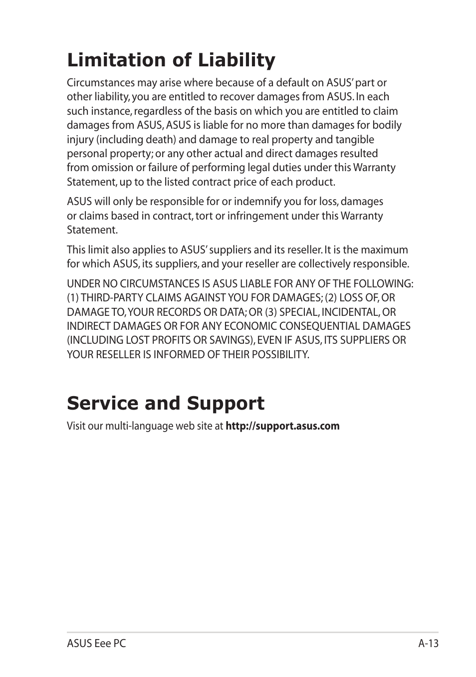 Limitation of liability, Service and support | Asus Eee PC 1101HA User Manual | Page 51 / 52