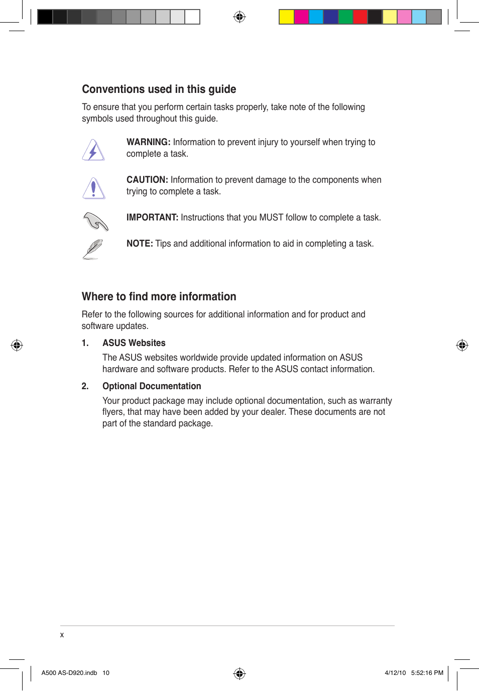 Conventions used in this guide, Where to find more information | Asus BA5190 User Manual | Page 10 / 71