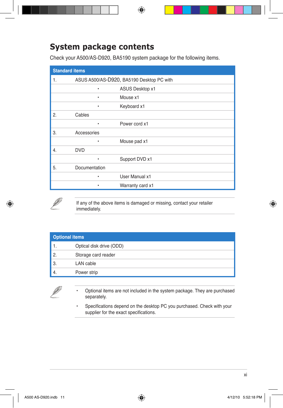 System package contents | Asus BA5190 User Manual | Page 11 / 71