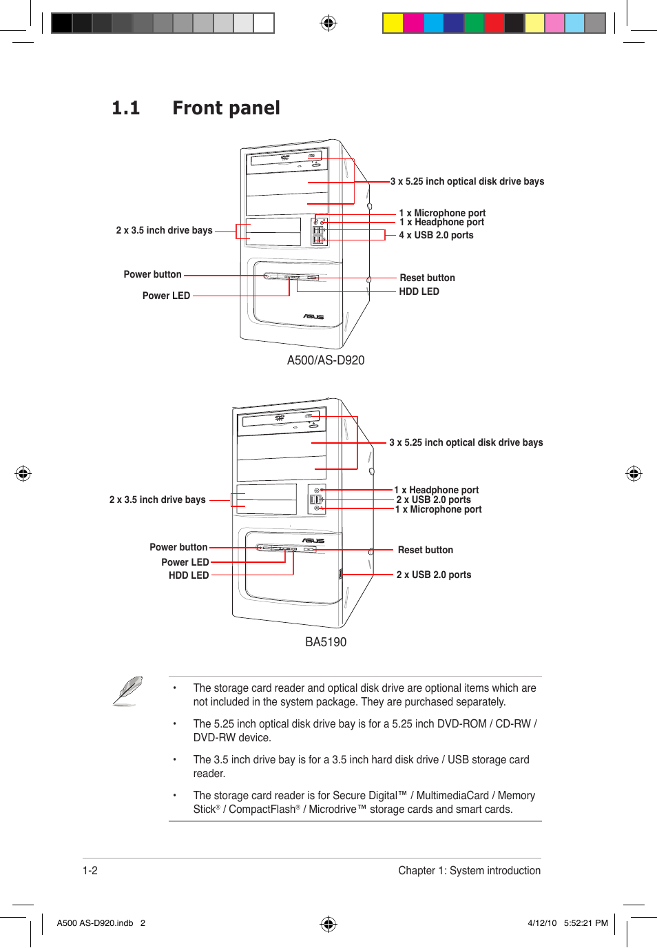 1 front panel | Asus BA5190 User Manual | Page 13 / 71