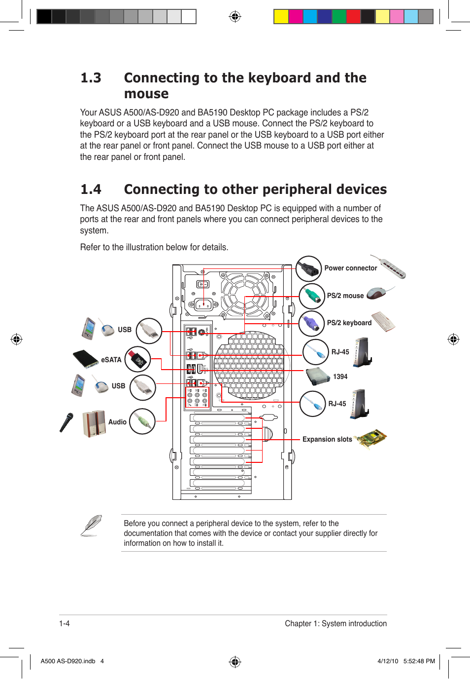 3 connecting to the keyboard and the mouse, 4 connecting to other peripheral devices | Asus BA5190 User Manual | Page 15 / 71