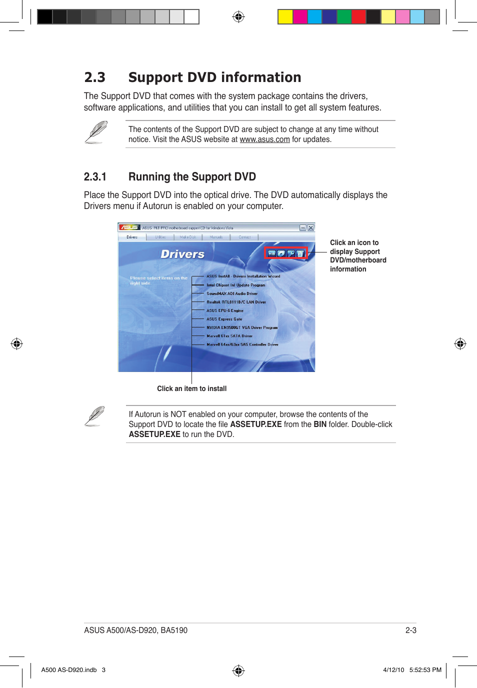 3 support dvd information, 1 running the support dvd | Asus BA5190 User Manual | Page 18 / 71