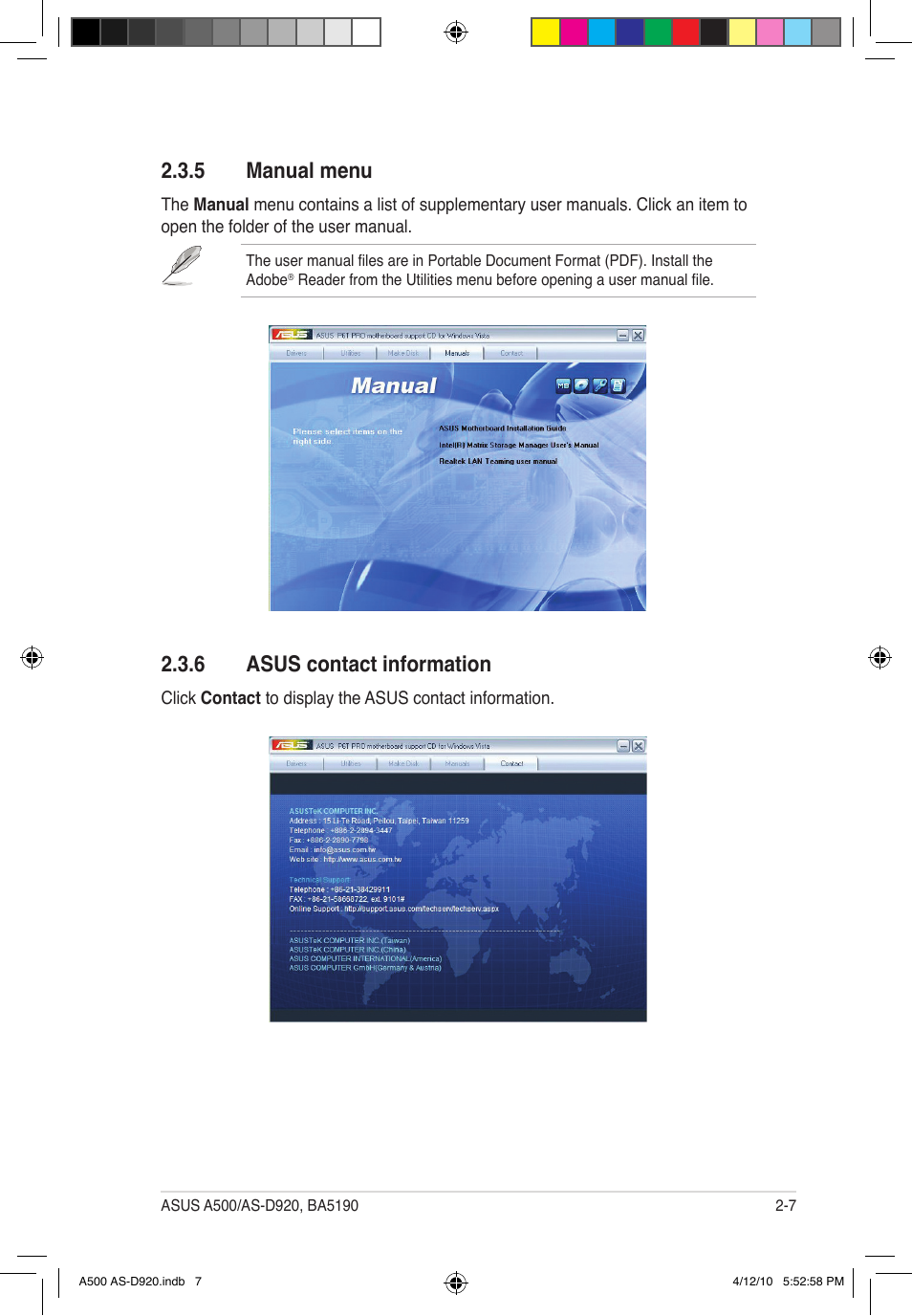 6 asus contact information, 5 manual menu | Asus BA5190 User Manual | Page 22 / 71