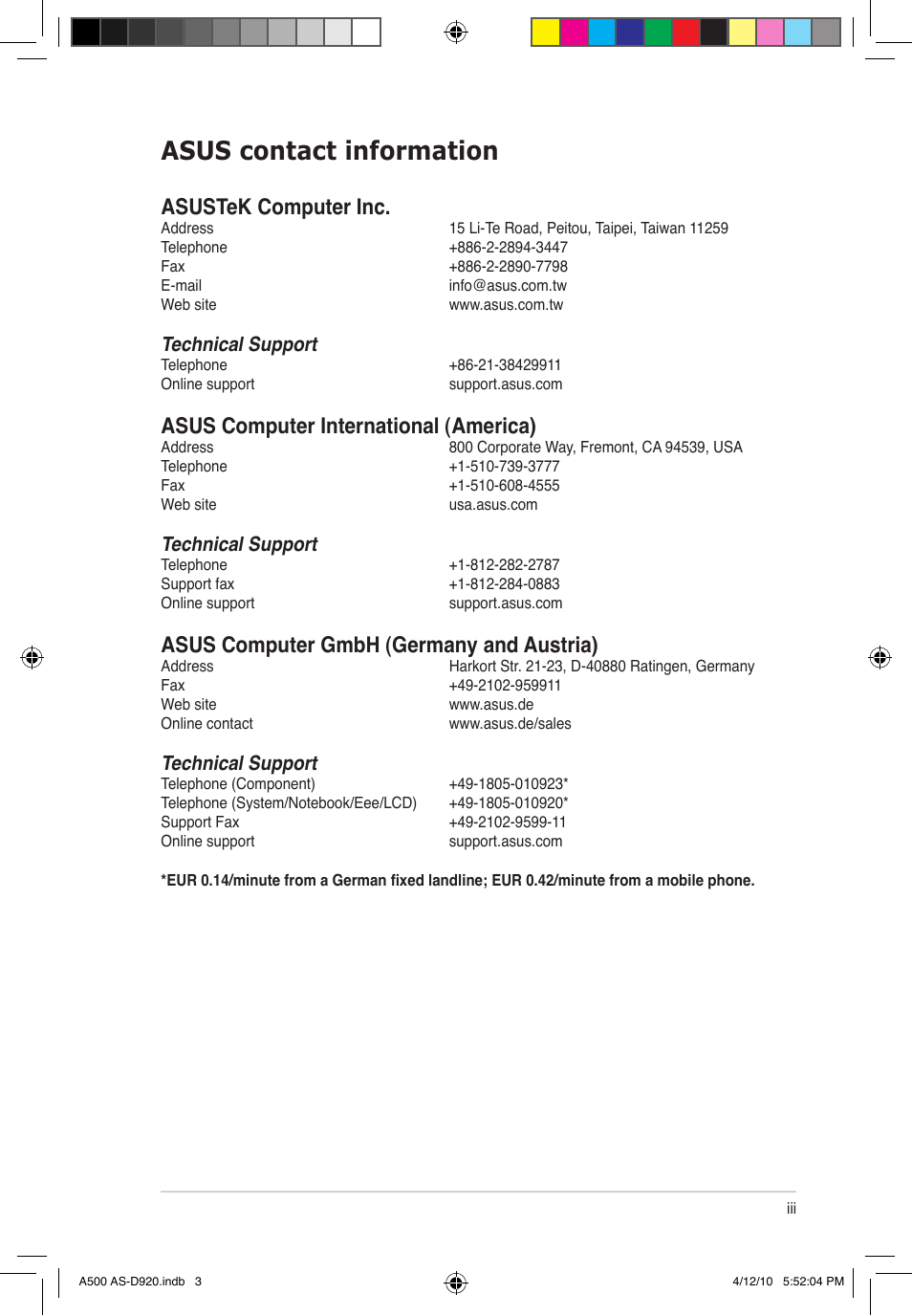 Asus contact information, Asustek computer inc, Asus computer international (america) | Asus computer gmbh (germany and austria), Technical support | Asus BA5190 User Manual | Page 3 / 71