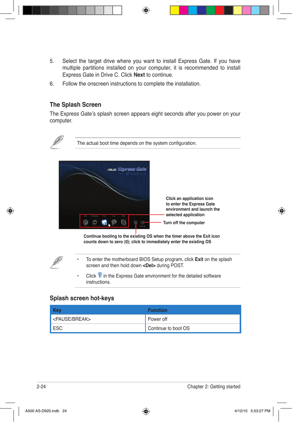 The splash screen, Splash screen hot-keys | Asus BA5190 User Manual | Page 39 / 71