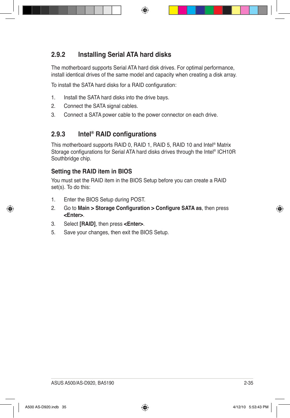 3 intel, Raid configurations, 2 installing serial ata hard disks | Asus BA5190 User Manual | Page 50 / 71