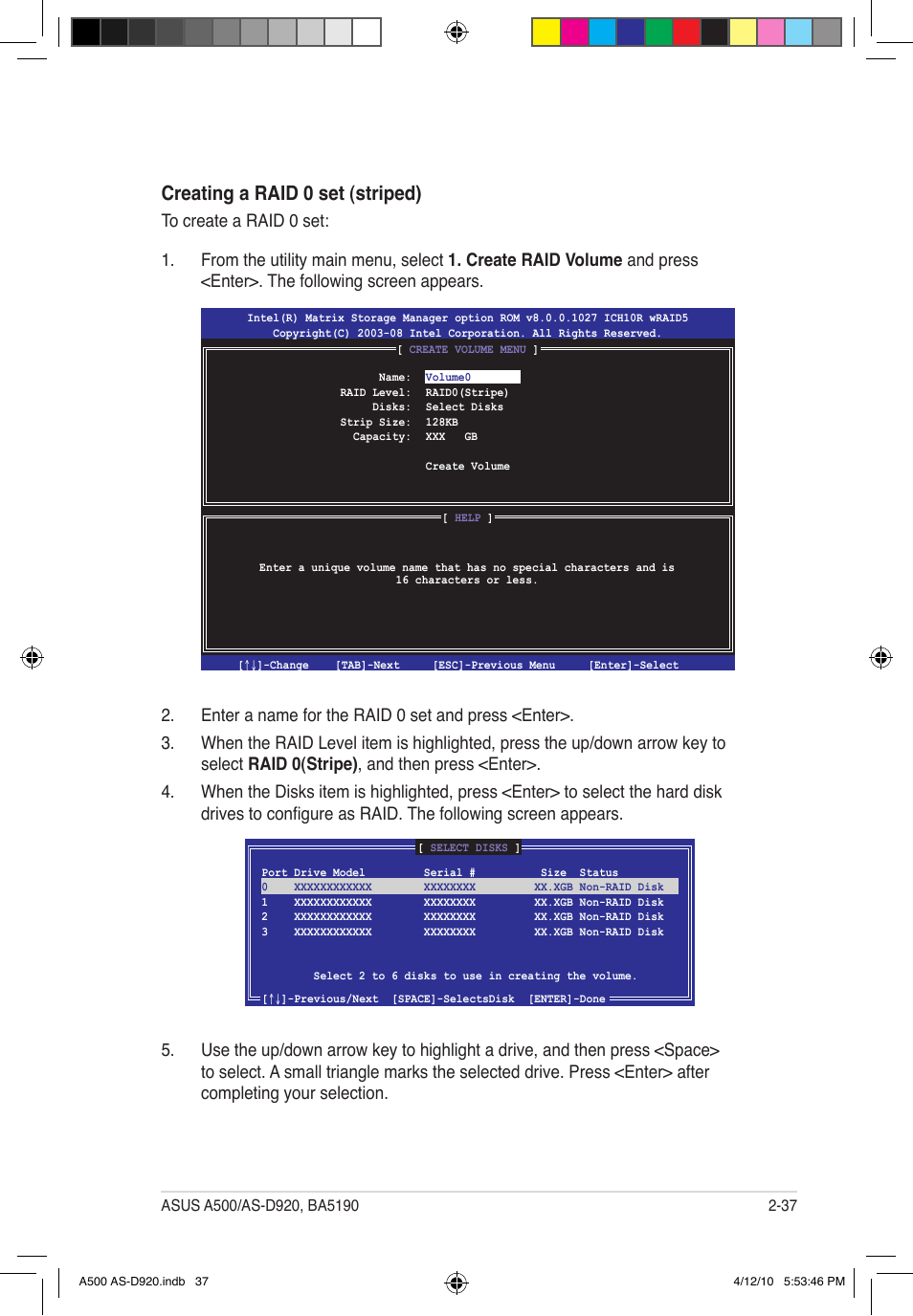 Creating a raid 0 set (striped) | Asus BA5190 User Manual | Page 52 / 71