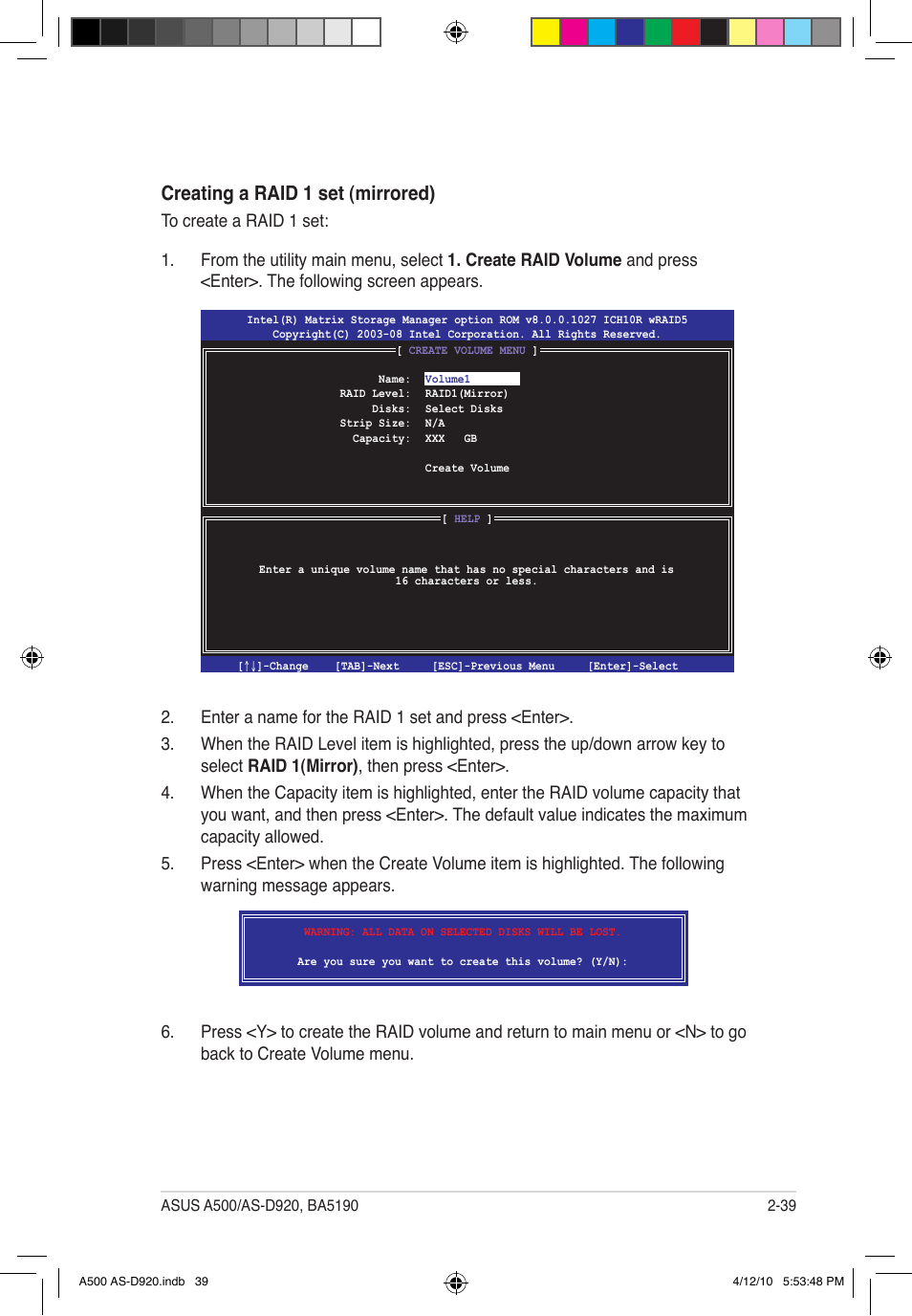 Creating a raid 1 set (mirrored) | Asus BA5190 User Manual | Page 54 / 71