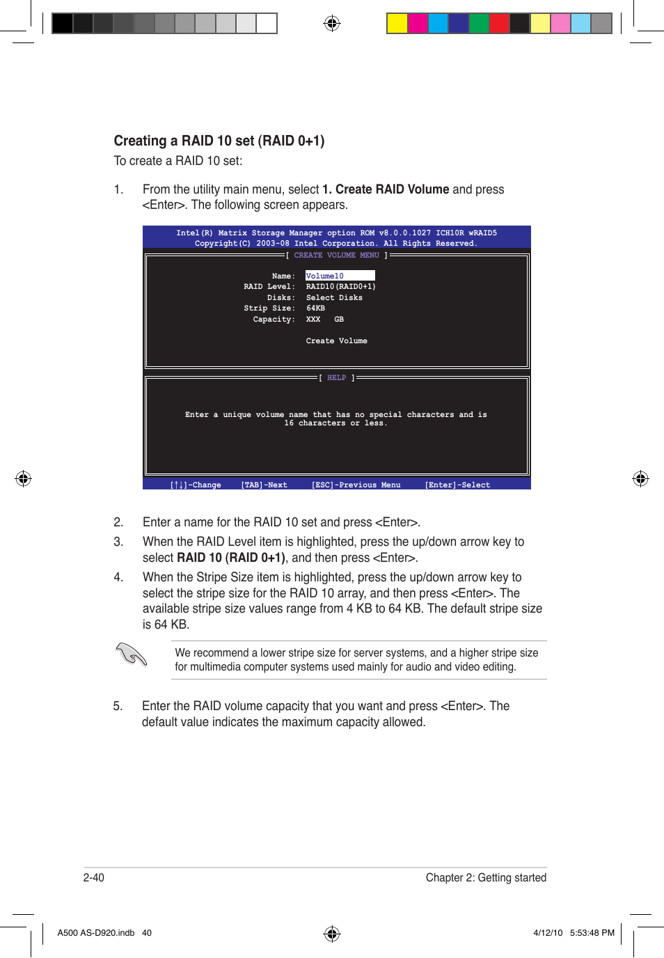 Creating a raid 10 set (raid 0+1) | Asus BA5190 User Manual | Page 55 / 71