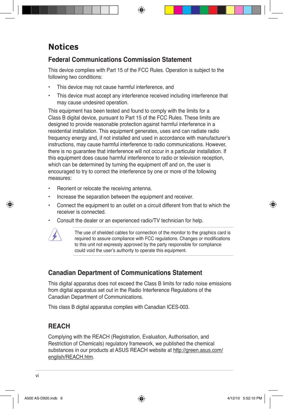 Notices, Federal communications commission statement, Canadian department of communications statement | Reach | Asus BA5190 User Manual | Page 6 / 71