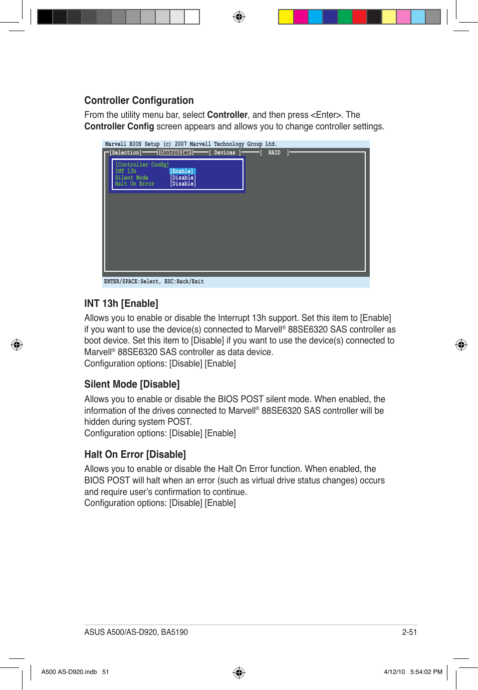 Controller configuration, Int 13h [enable, Silent mode [disable | Halt on error [disable | Asus BA5190 User Manual | Page 66 / 71