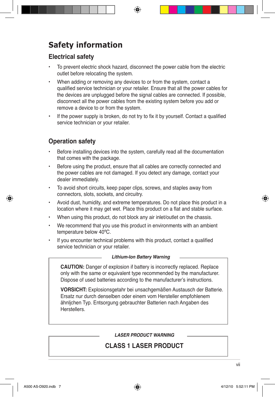 Safety information, Electrical safety, Class 1 laser product operation safety | Asus BA5190 User Manual | Page 7 / 71