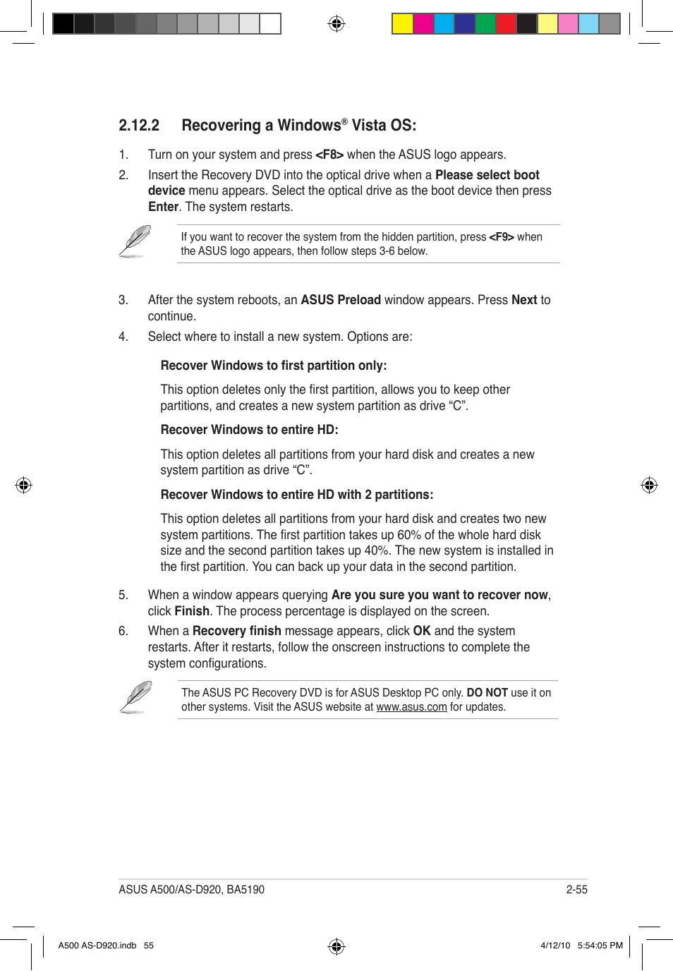 2 recovering a windows, Vista os | Asus BA5190 User Manual | Page 70 / 71