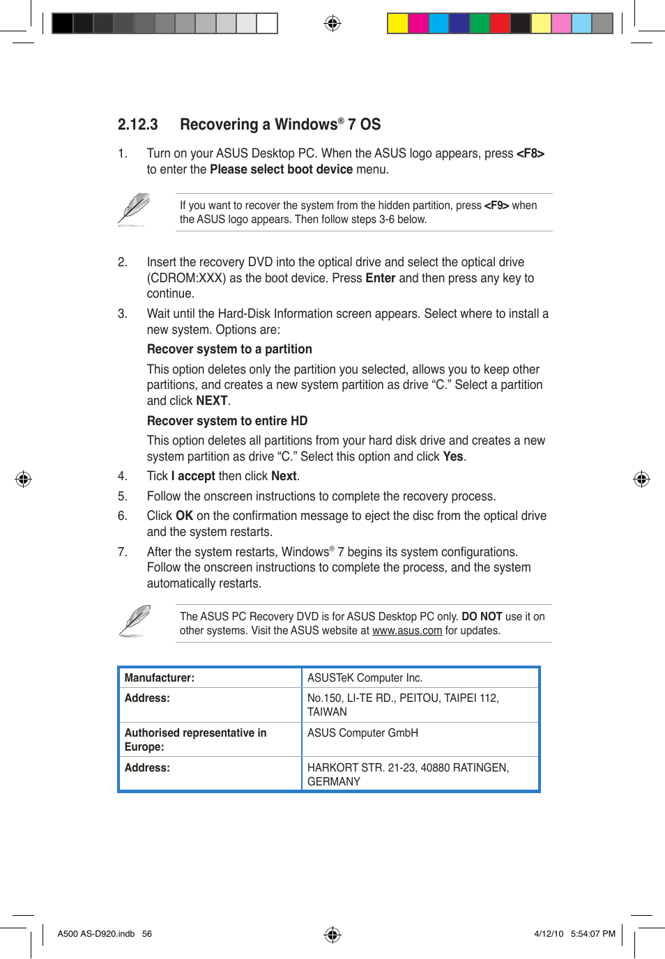 3 recovering a windows, 7 os | Asus BA5190 User Manual | Page 71 / 71