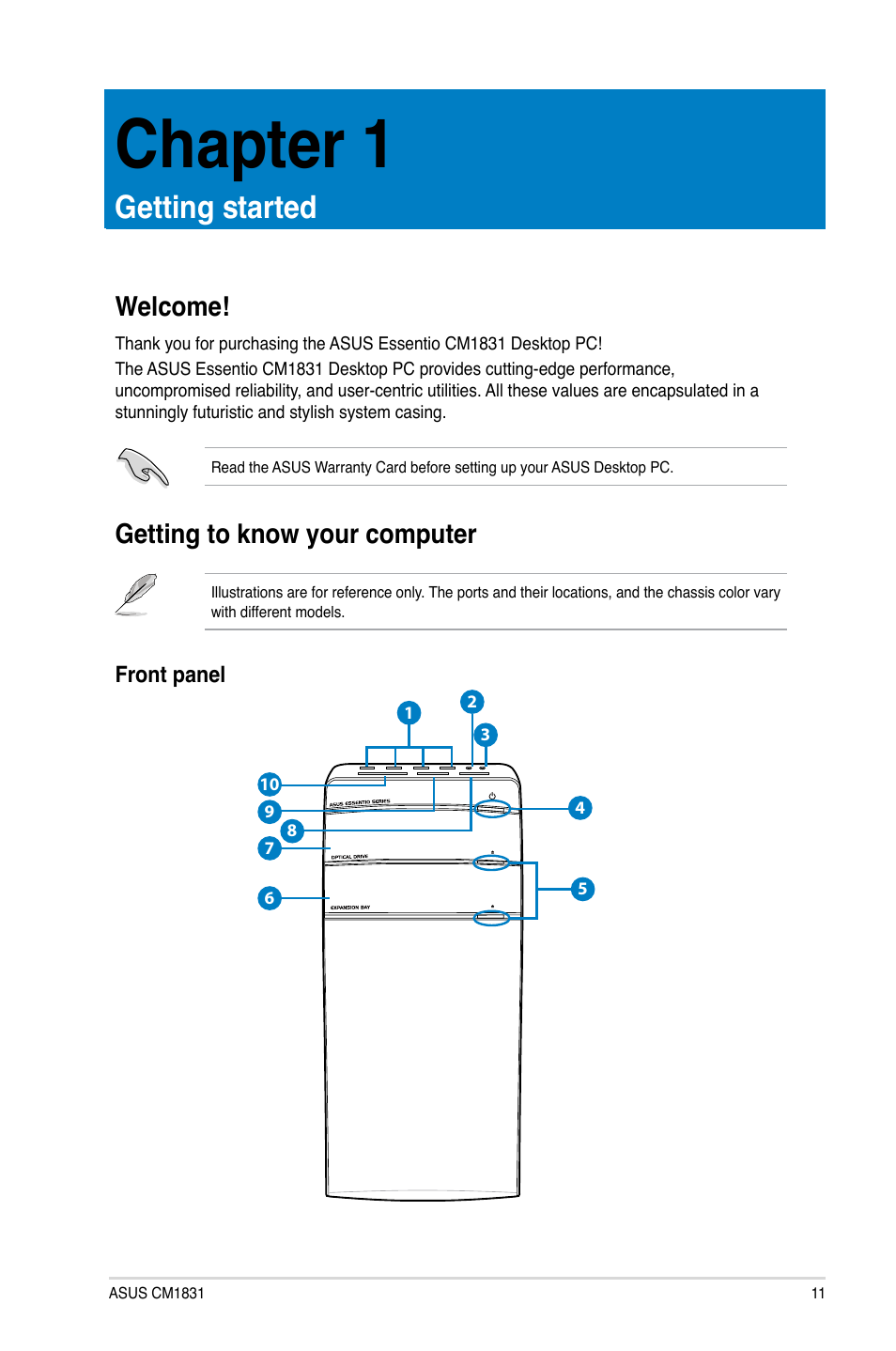 Chapter 1: getting started, Welcome, Getting to know your computer | Chapter 1, Getting started | Asus CM1831 User Manual | Page 11 / 70