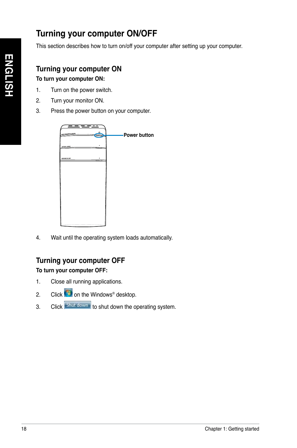 Turning your computer on/off, En g lis h en g li sh | Asus CM1831 User Manual | Page 18 / 70