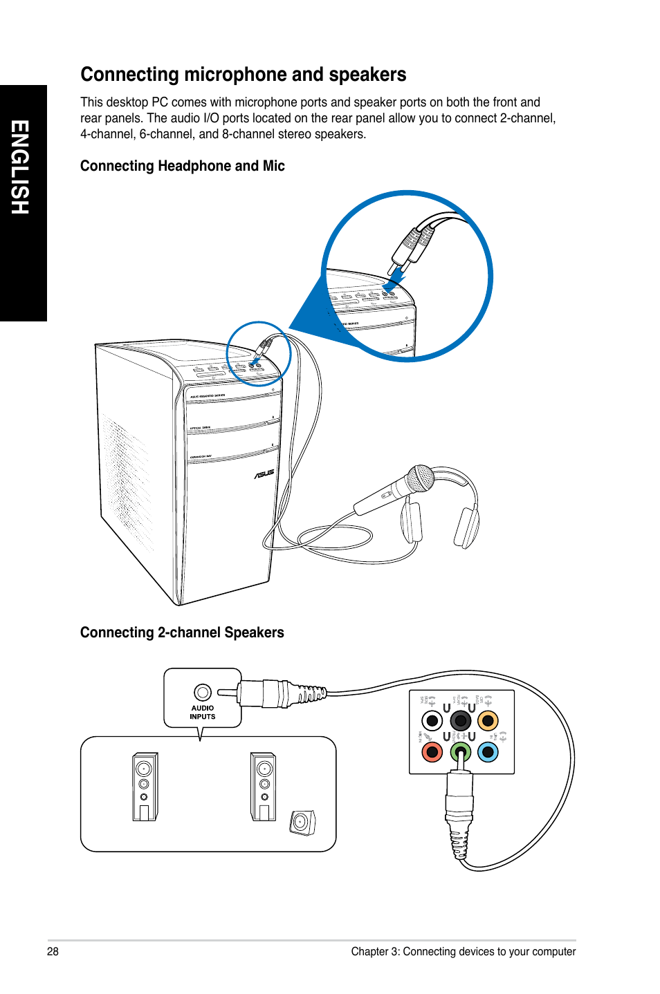 Connecting microphone and speakers, En g lis h en g li sh en g lis h en g li sh | Asus CM1831 User Manual | Page 28 / 70