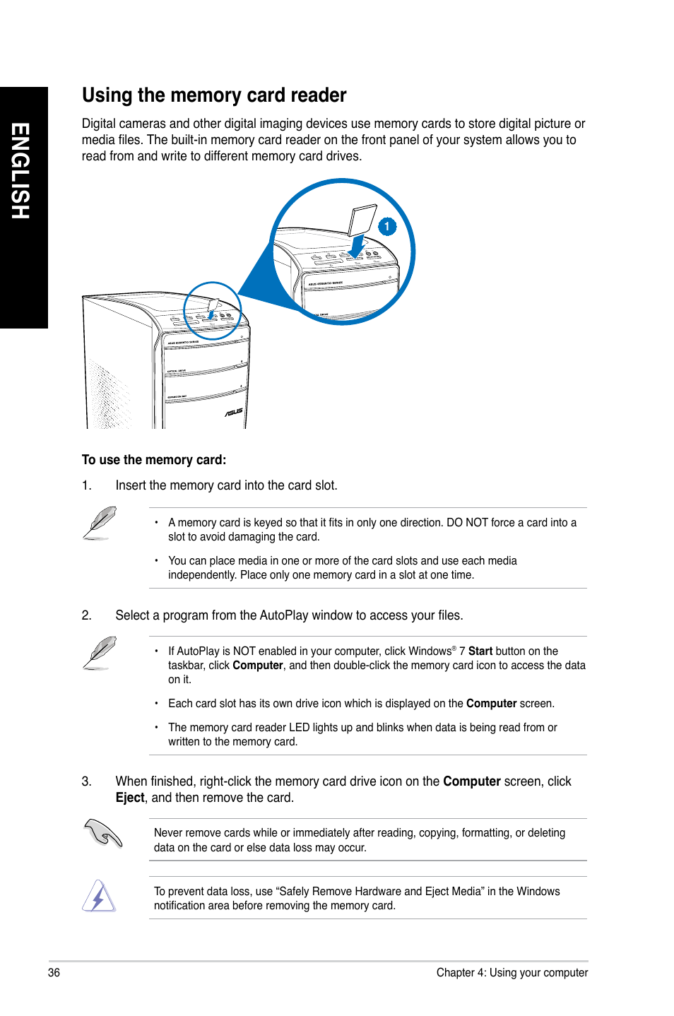 Using the memory card reader, En g lis h en g li sh en g lis h en g li sh | Asus CM1831 User Manual | Page 36 / 70