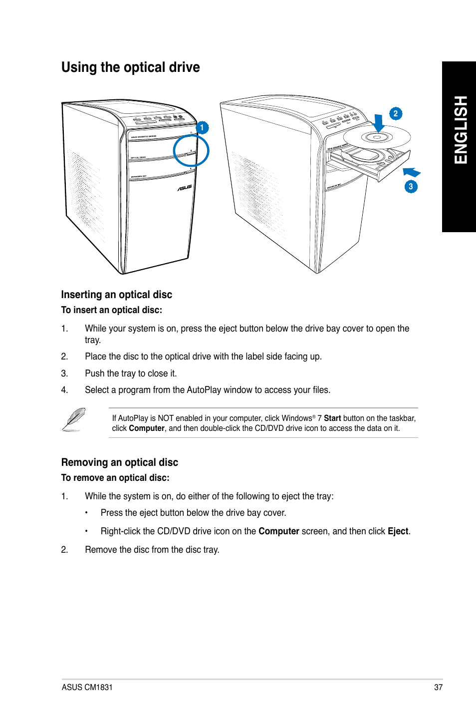 Using the optical drive, En g lis h en g li sh | Asus CM1831 User Manual | Page 37 / 70