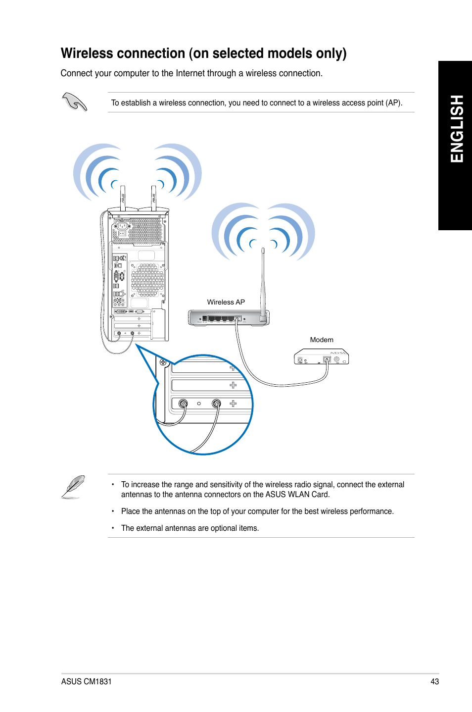 Wireless connection (on selected models only), En g lis h en g li sh | Asus CM1831 User Manual | Page 43 / 70