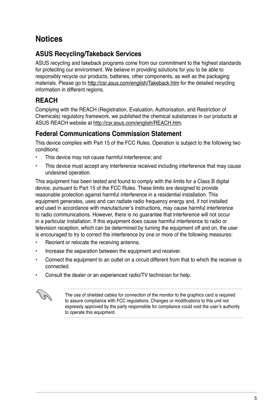 Notices, Asus recycling/takeback services, Reach | Federal communications commission statement | Asus CM1831 User Manual | Page 5 / 70