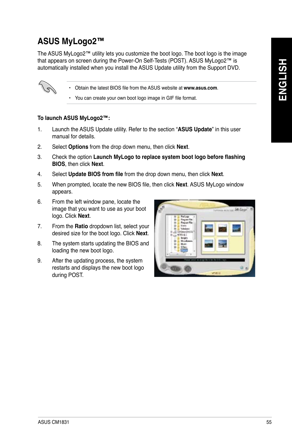 Asus mylogo2, En g lis h en g li sh | Asus CM1831 User Manual | Page 55 / 70