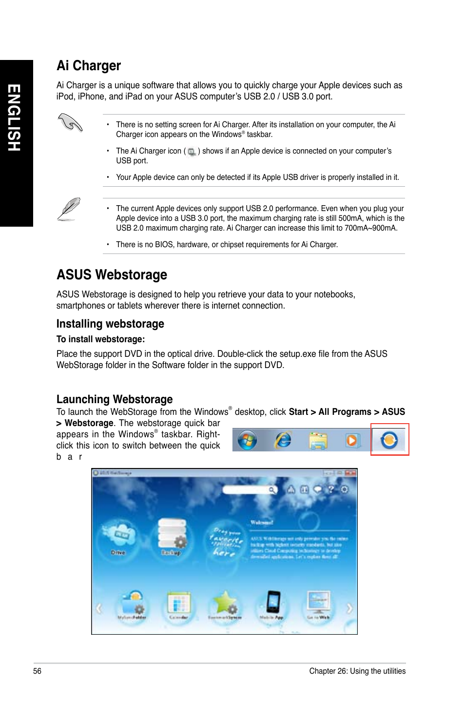 Ai charger, Asus webstorage, En g lis h en g li sh en g lis h en g li sh | Asus CM1831 User Manual | Page 56 / 70