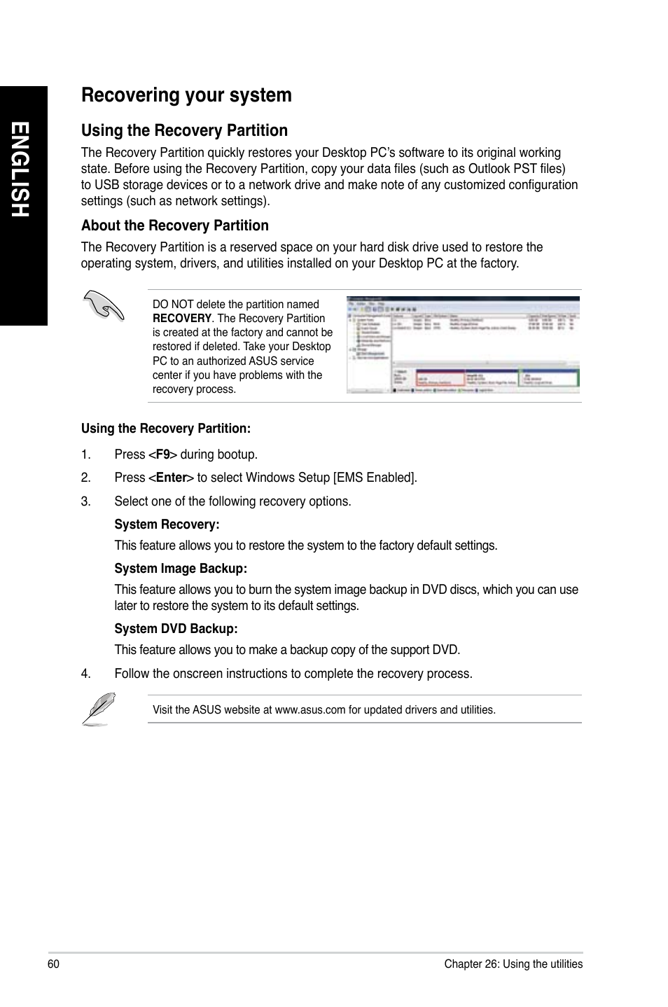 Recovering your system, En g lis h en g li sh en g lis h en g li sh | Asus CM1831 User Manual | Page 60 / 70