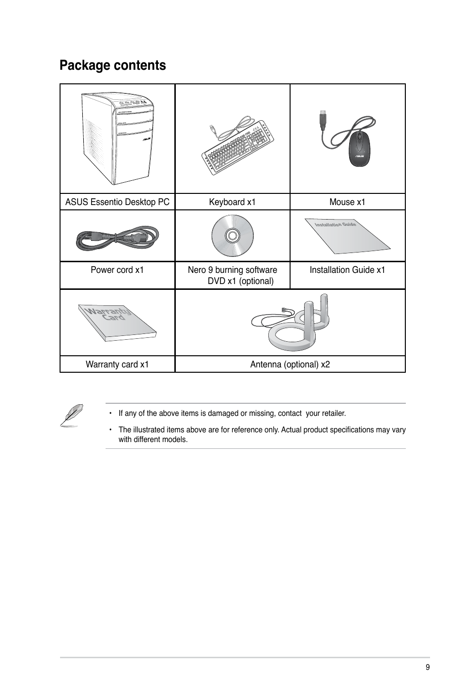 Package contents | Asus CM1831 User Manual | Page 9 / 70