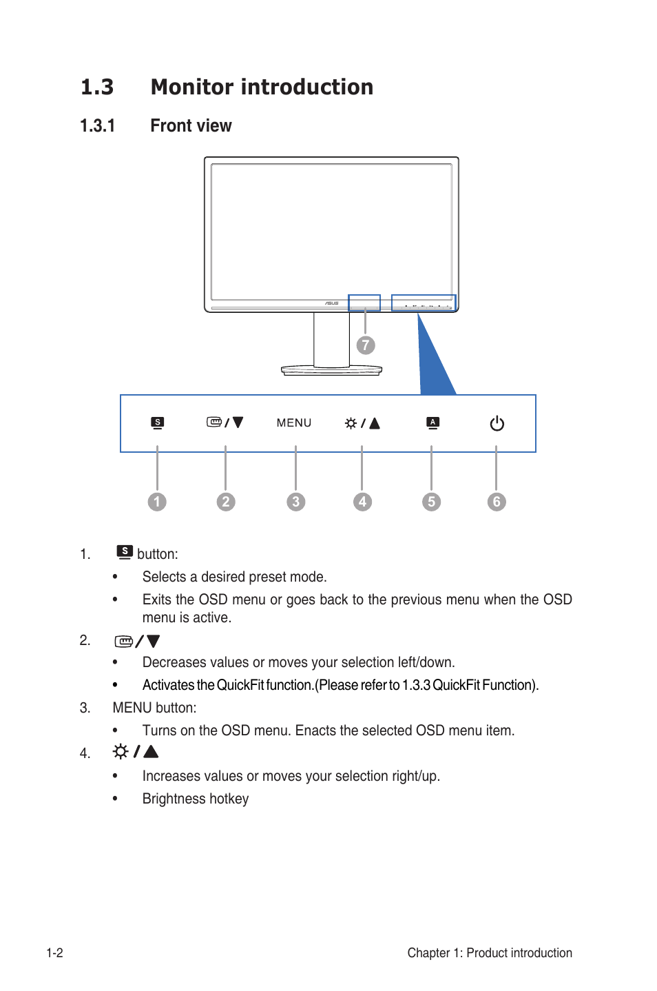 3 monitor introduction, 1 front view, Monitor.introduction -2 1.3.1 | Front view -2, Front.view | Asus VW24ATLR User Manual | Page 10 / 26