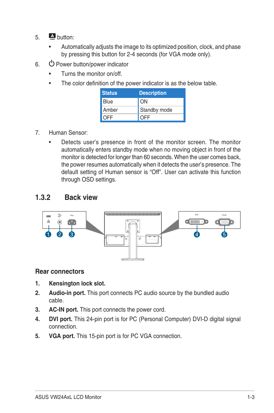 2 back view, Back view -3, Back.view | Asus VW24ATLR User Manual | Page 11 / 26
