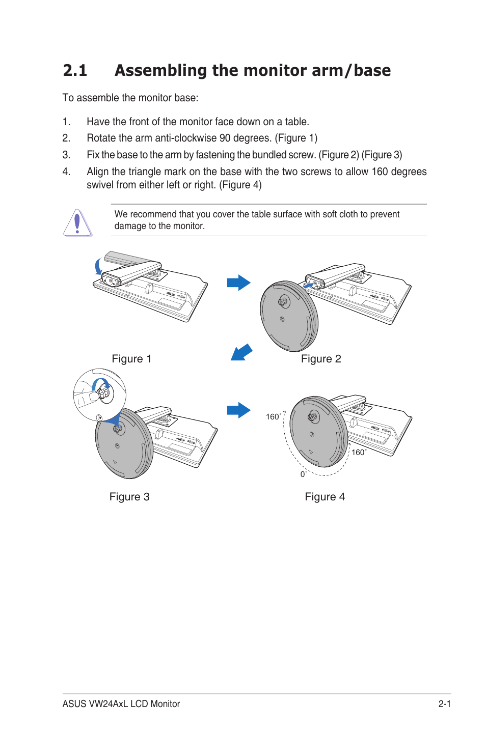 Chapter 2: setup, 1 assembling the monitor arm/base, Chapter.2:.....setup | Assembling.the.monitor.arm/base -1 | Asus VW24ATLR User Manual | Page 15 / 26